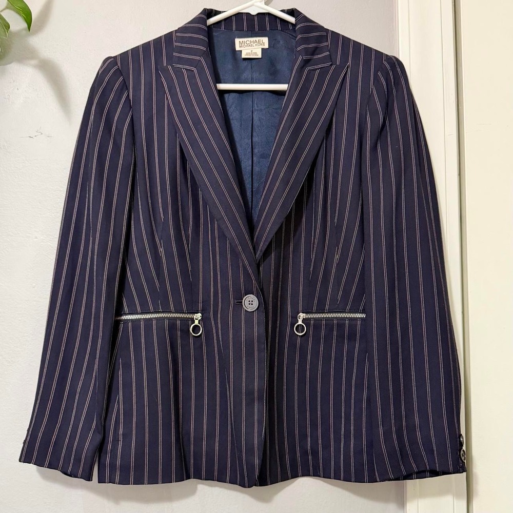 Michael Kors Navy Pinstripe Wool Blend Blazer Ring Pull Zip Pockets Size 2